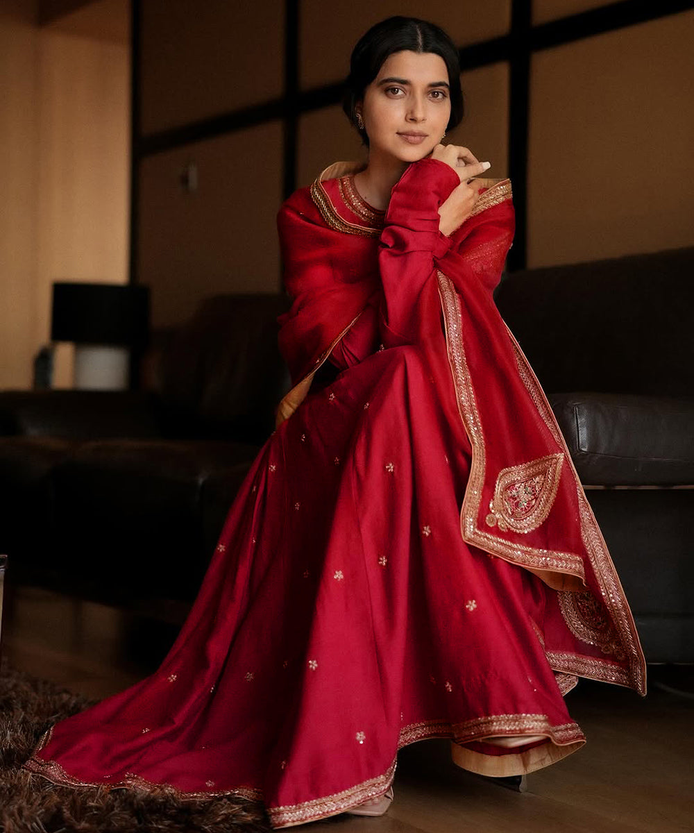 Nimrat Khaira In Bright Red Hand Embroidered Moonga Silk Anarkali Set With Organza Dupatta