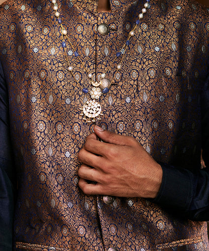 Deep Navy Blue Handloom Pure Katan Silk Brocade Banarasi Nehru Jacket