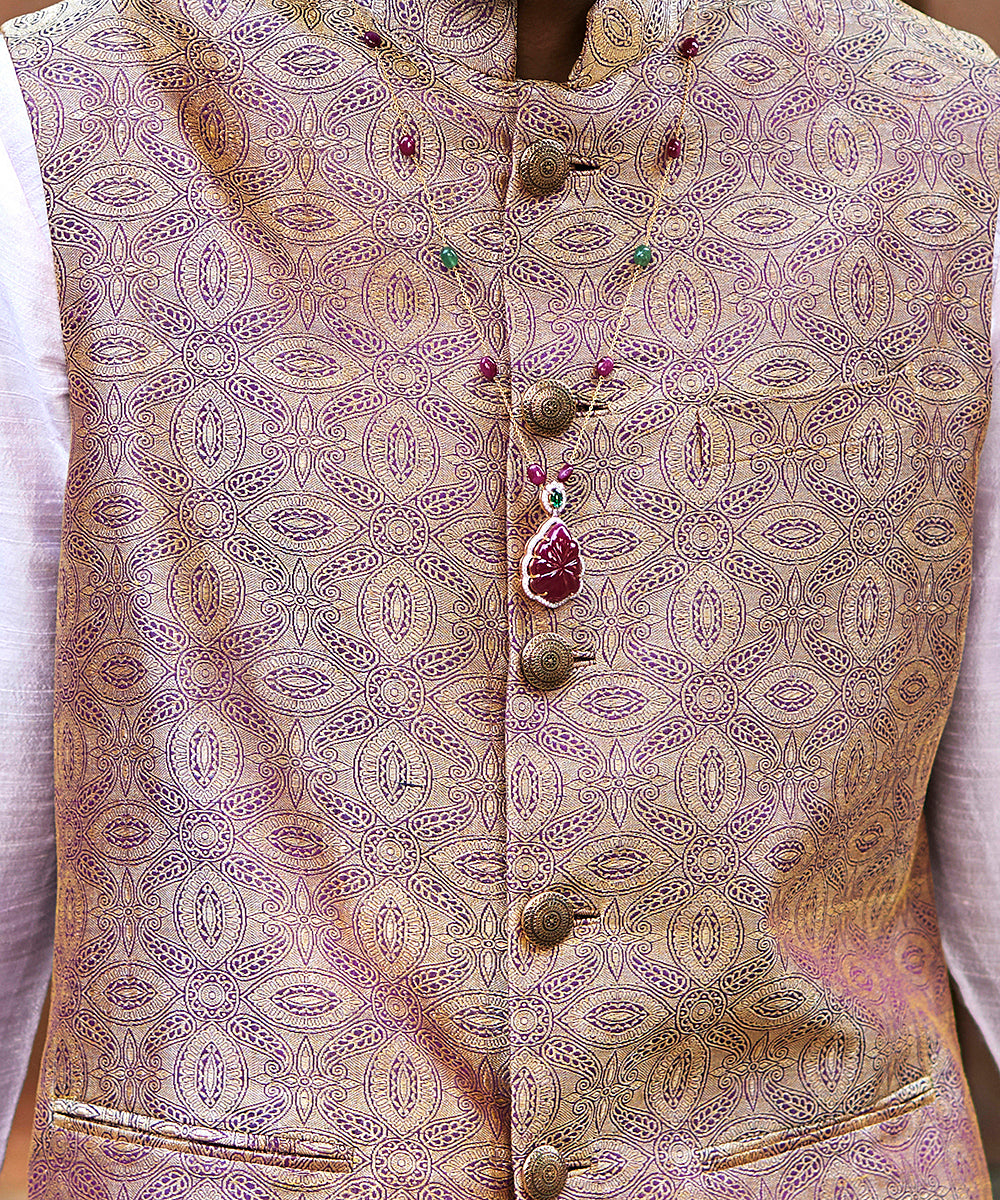 Deep Purple Handloom Pure Katan Silk Brocade Banarasi Nehru Jacket