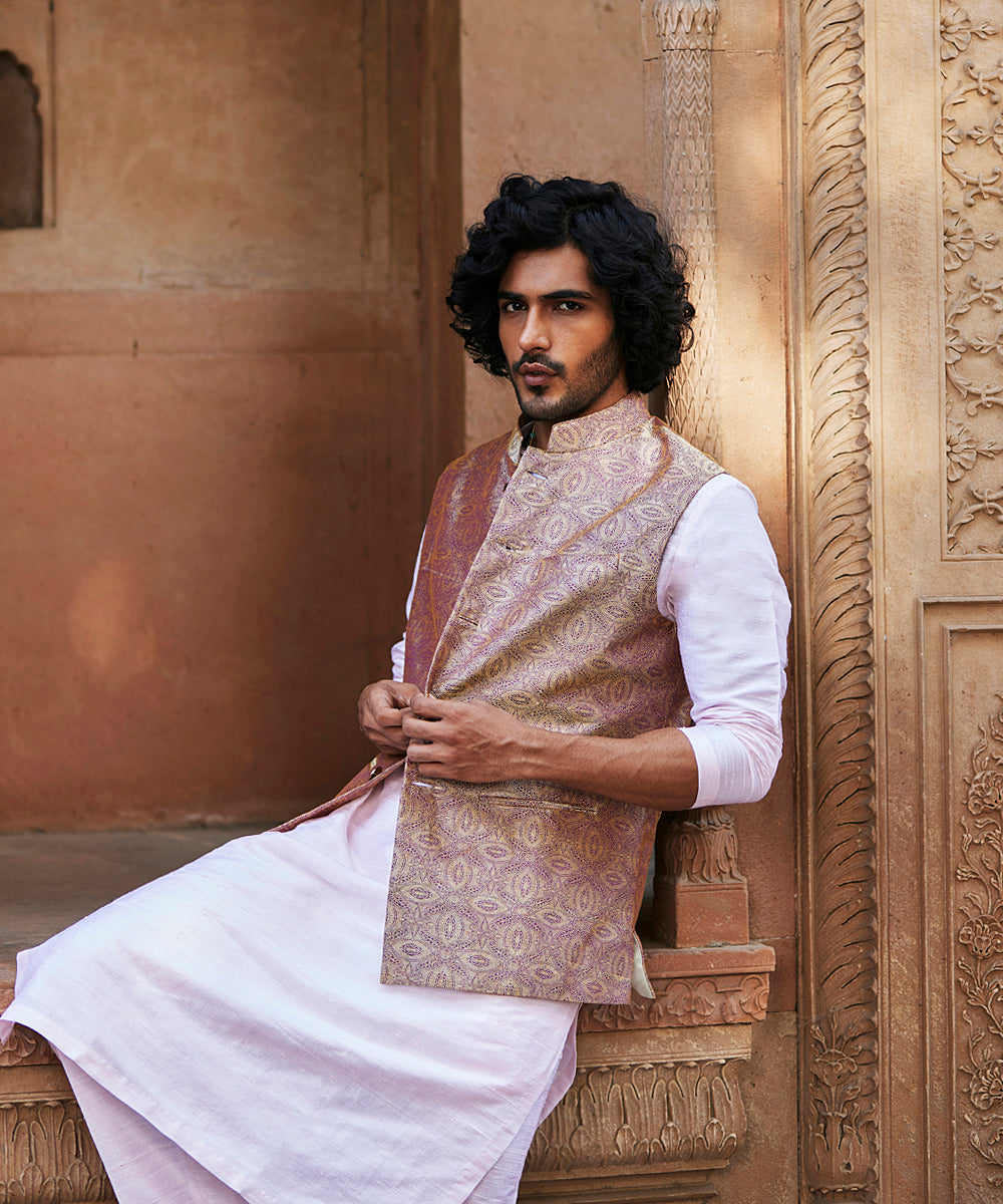 Woven Dupion Silk Kurta Jacket Set in White and Blue : MDW119