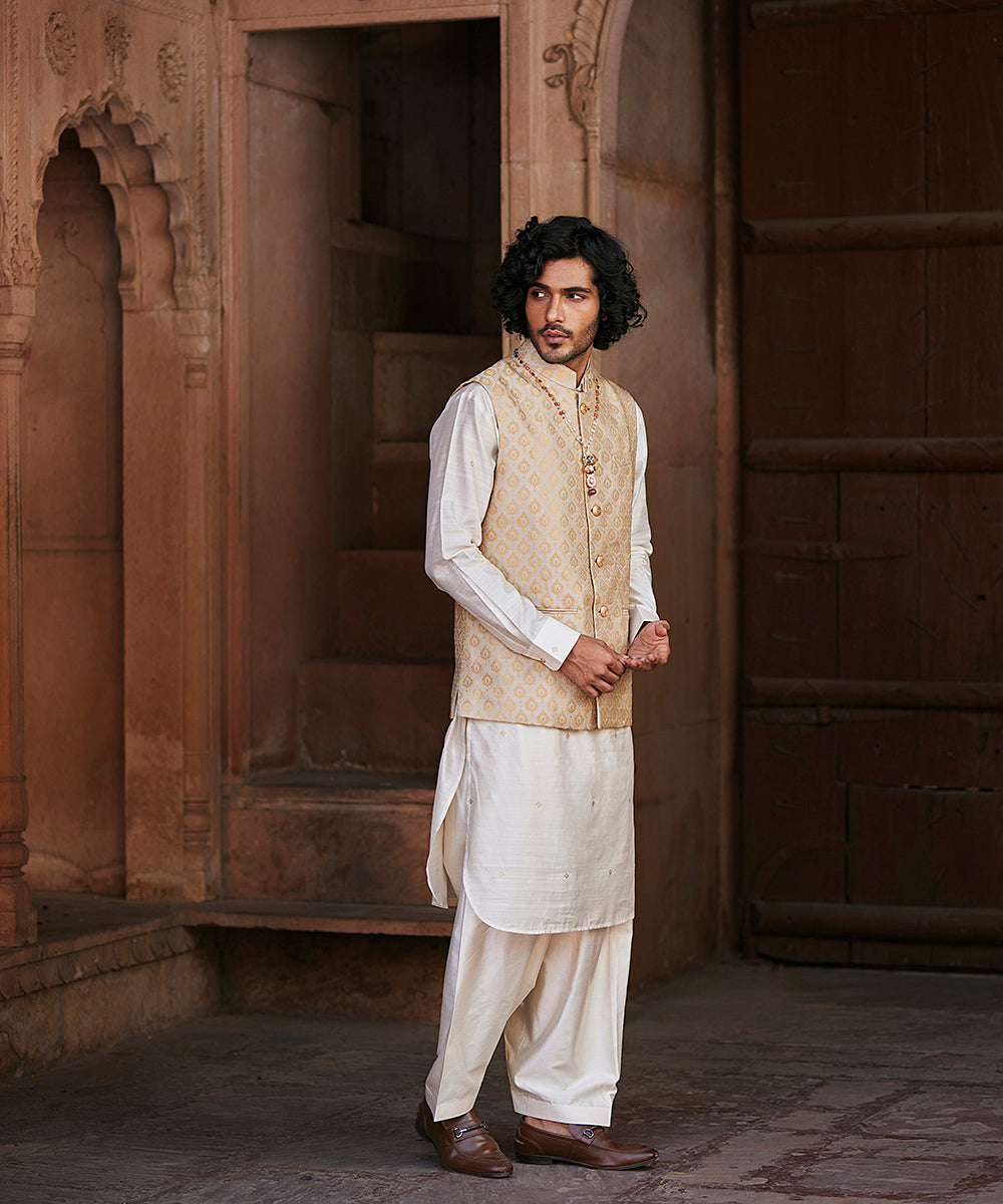 Handloom Golden Pure Katan Silk Brocade Banarasi Nehru Jacket Men’s Wear