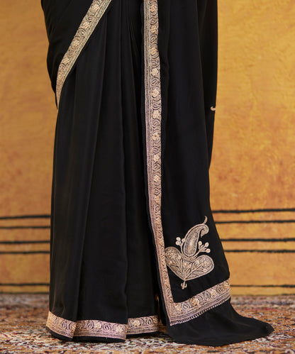 Black Pure Silk Crepe Saree With Rose Gold Tilla Hand Embroidery