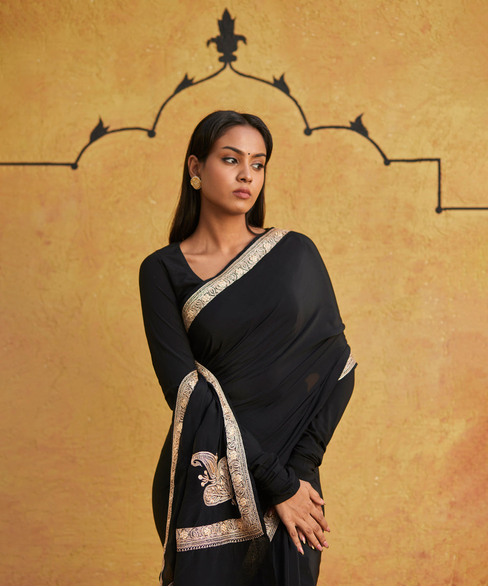 Black Pure Silk Crepe Saree With Rose Gold Tilla Hand Embroidery