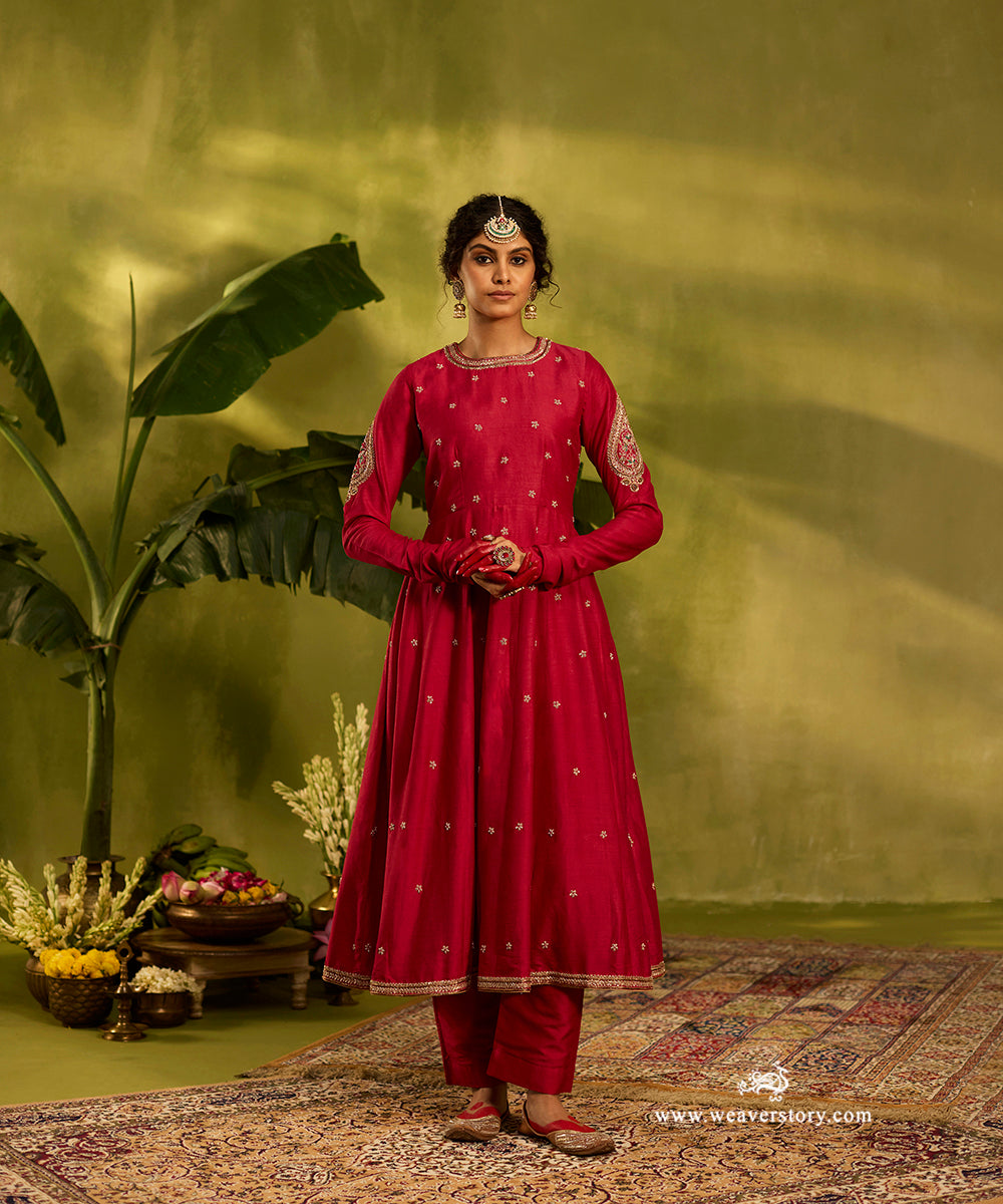 Bright_Red_Hand_Embroidered_Moonga_Silk_Anarkali_Set_With_Organza_Dupatta_WeaverStory03