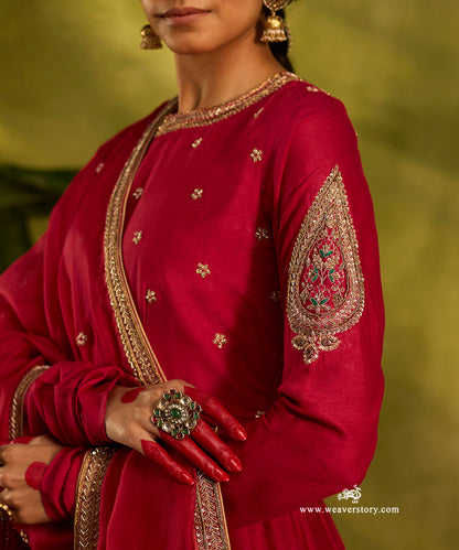 Bright_Red_Hand_Embroidered_Moonga_Silk_Anarkali_Set_With_Organza_Dupatta_WeaverStory05