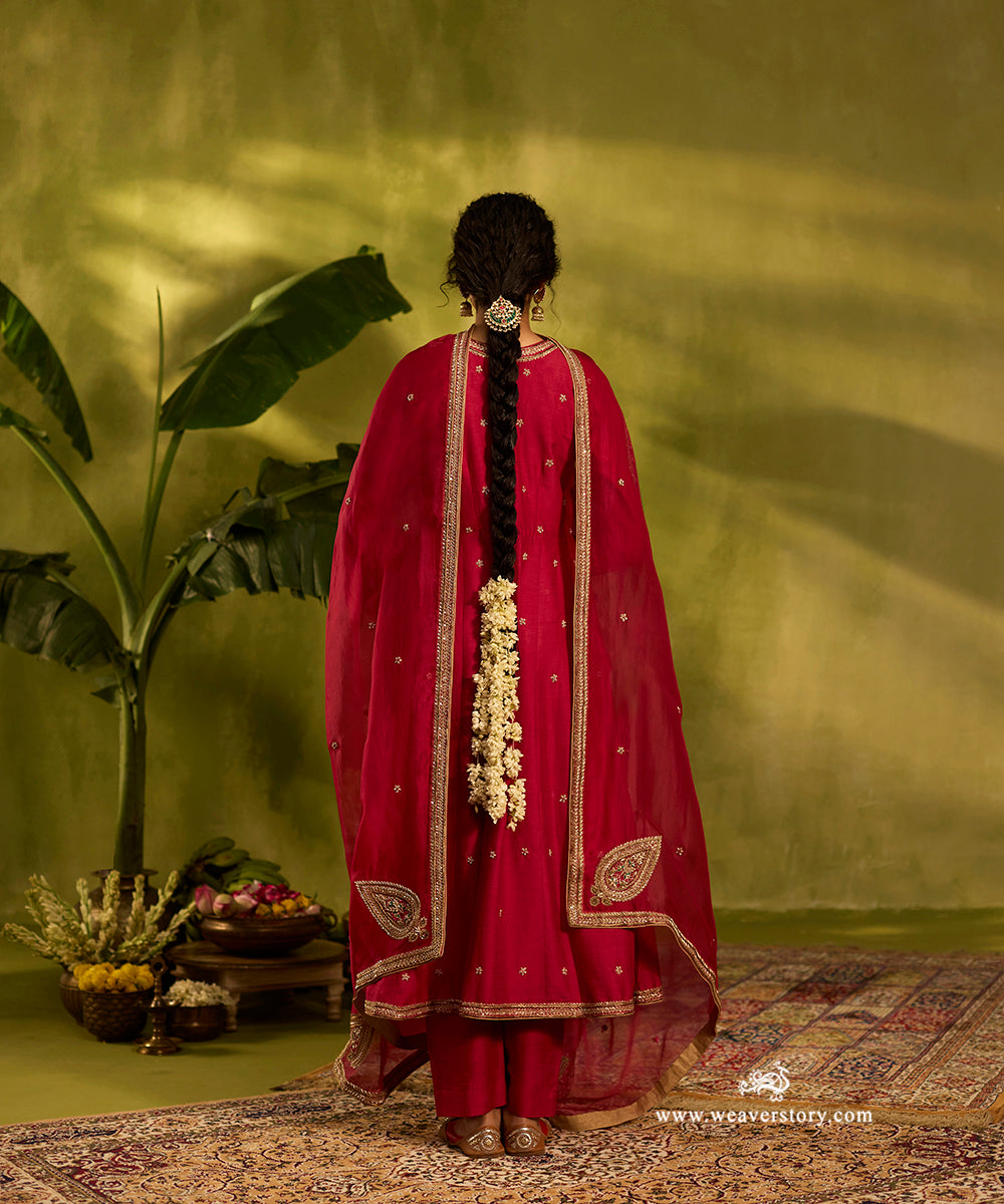 Bright_Red_Hand_Embroidered_Moonga_Silk_Anarkali_Set_With_Organza_Dupatta_WeaverStory04