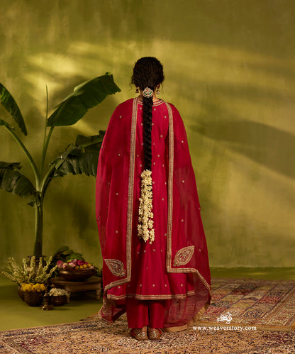 Bright_Red_Hand_Embroidered_Moonga_Silk_Anarkali_Set_With_Organza_Dupatta_WeaverStory04