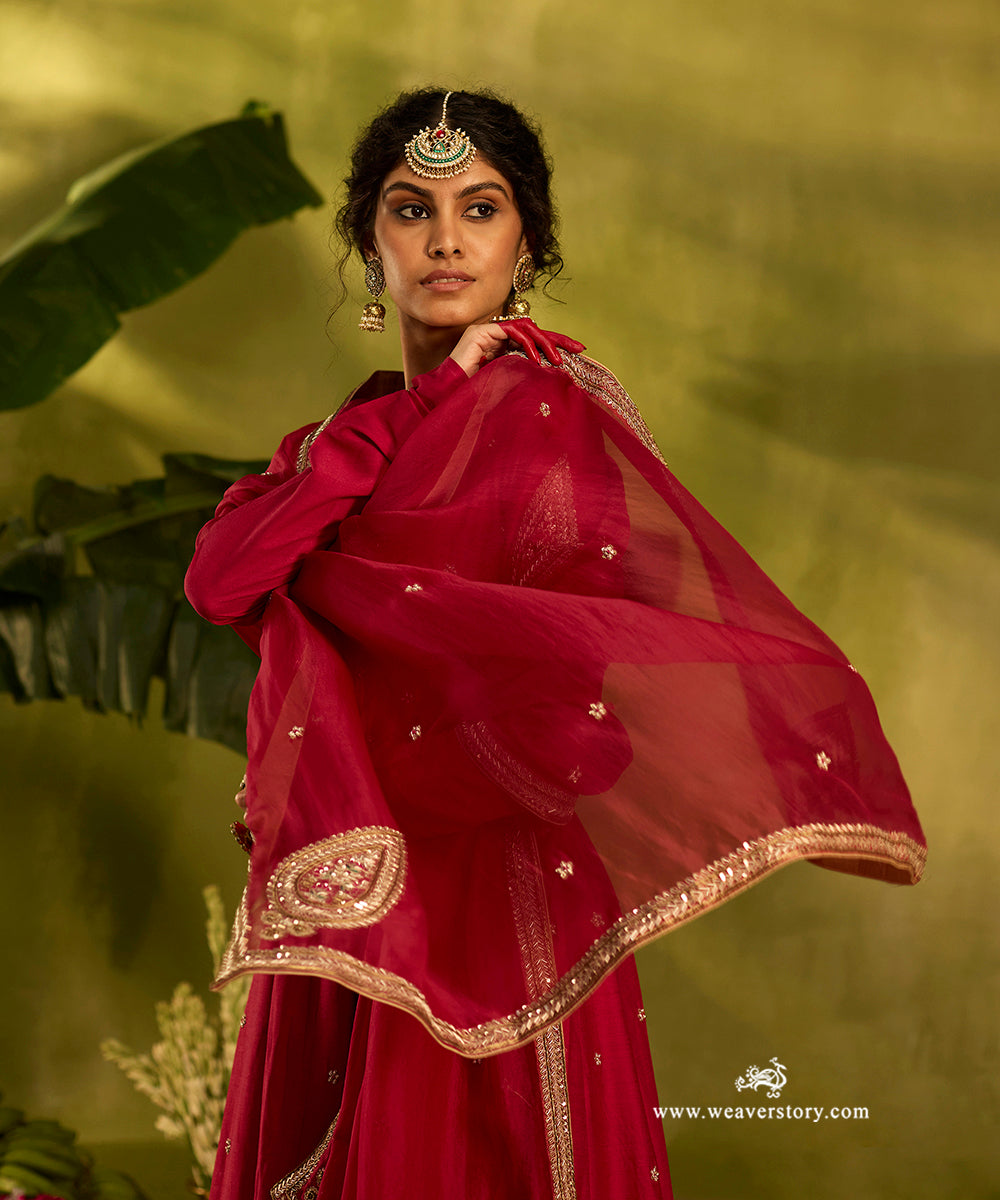 Bright_Red_Hand_Embroidered_Moonga_Silk_Anarkali_Set_With_Organza_Dupatta_WeaverStory02