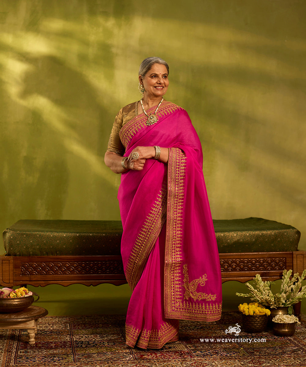 Hot_Pink_Pure_Organza_Handloom_Saree_With_Marodi_Hand_Embroidery_And_Zardozi_Dori_Work_WeaverStory02