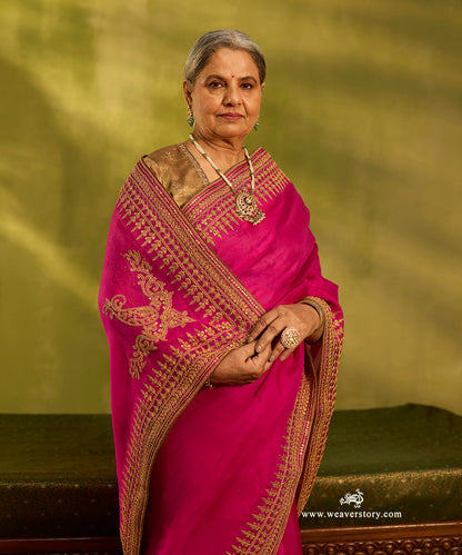 Hot_Pink_Pure_Organza_Handloom_Saree_With_Marodi_Hand_Embroidery_And_Zardozi_Dori_Work_WeaverStory01