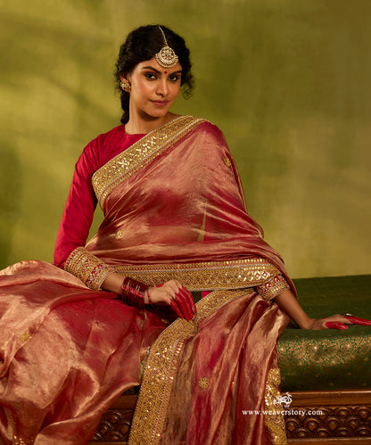 Red_And_Golden_Pure_Tissue_Handloom_Saree_With_Hand_Embroidered_Gota_Border_WeaverStory01