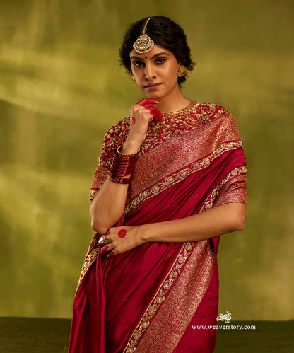 Red Pure Chiniya Silk Saree With Sanjab Border And Hand Embroidered Firoza Bel