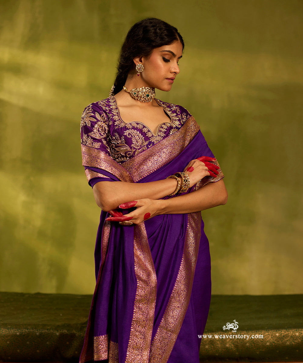 Purple_Handloom_Pure_Chiniya_Silk_Saree_With_Hand_Embroidered_Sanjab_Border_WeaverStory01