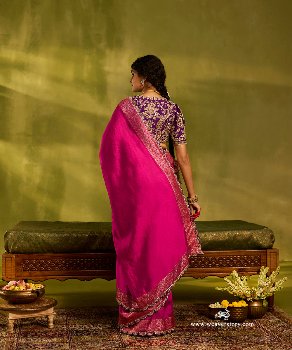 Handloom_Hot_Pink_Pure_Chiniya_Silk_Saree_With_Hand_Embroidered_Purple_Scalloped_Border_WeaverStory03