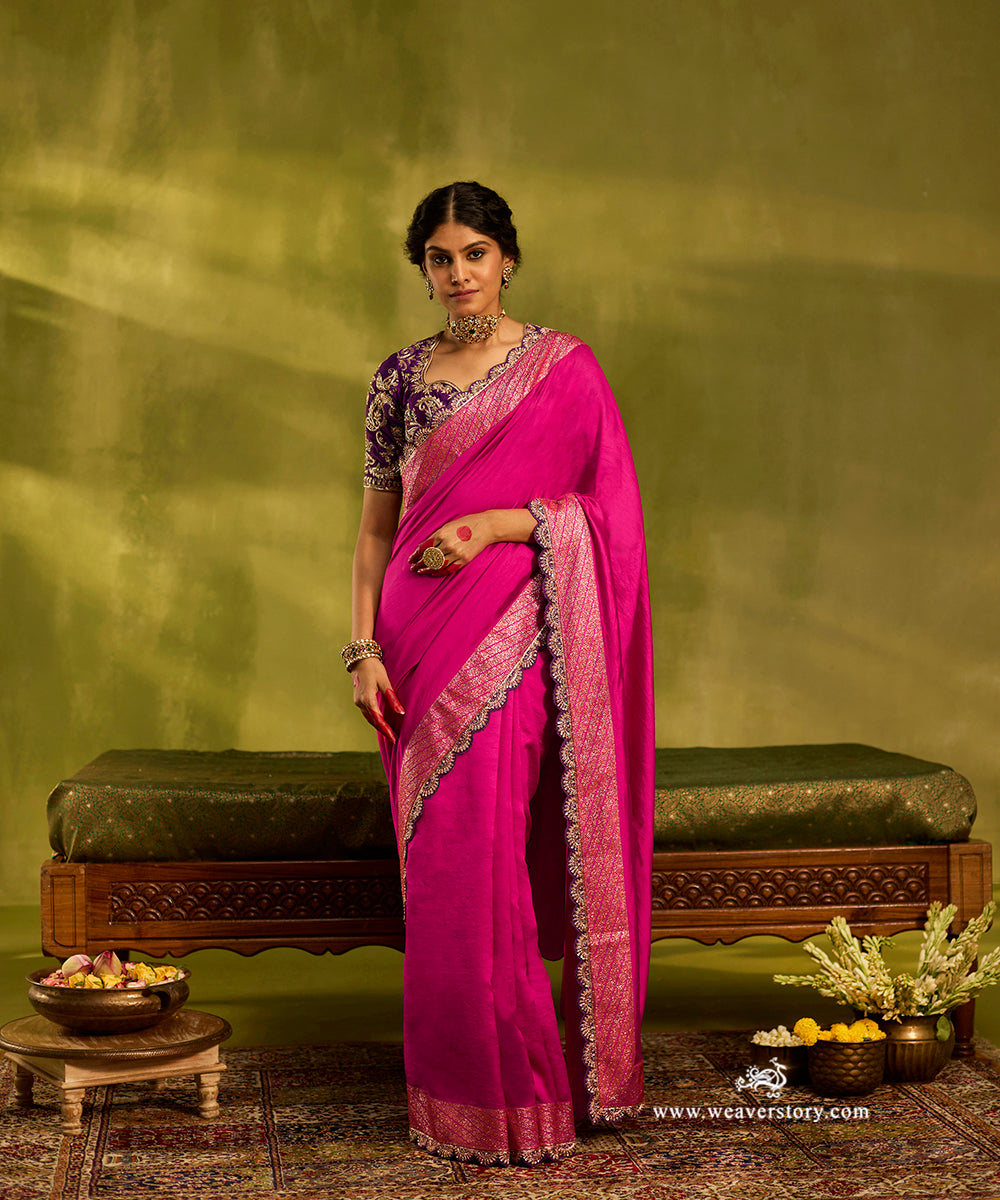 Handloom_Hot_Pink_Pure_Chiniya_Silk_Saree_With_Hand_Embroidered_Purple_Scalloped_Border_WeaverStory02