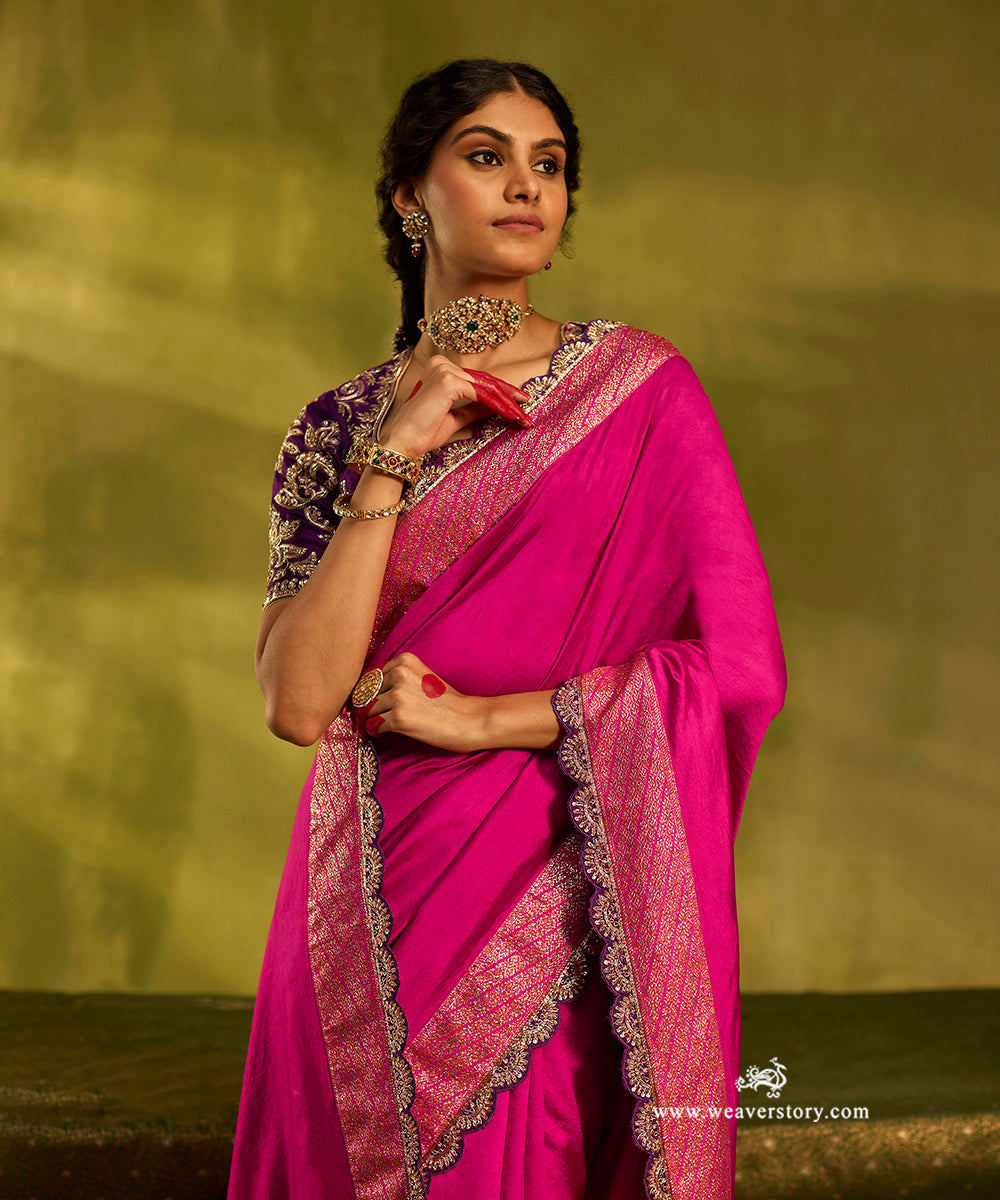 Handloom_Hot_Pink_Pure_Chiniya_Silk_Saree_With_Hand_Embroidered_Purple_Scalloped_Border_WeaverStory01