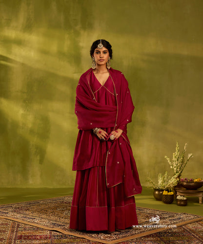 Brick_Red_Handloom_Chanderi_Kurta_With_Skirt_And_Hand_Embroidered_Organza_Dupatta_WeaverStory01