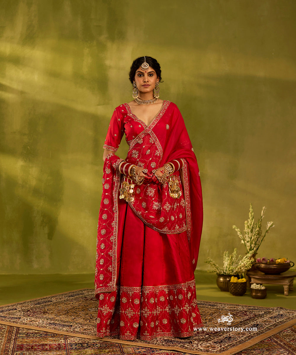 Red_Pure_Silk_Lehenga_And_Blouse_With_Zardozi_Work_And_Organza_Dupatta_WeaverStory02