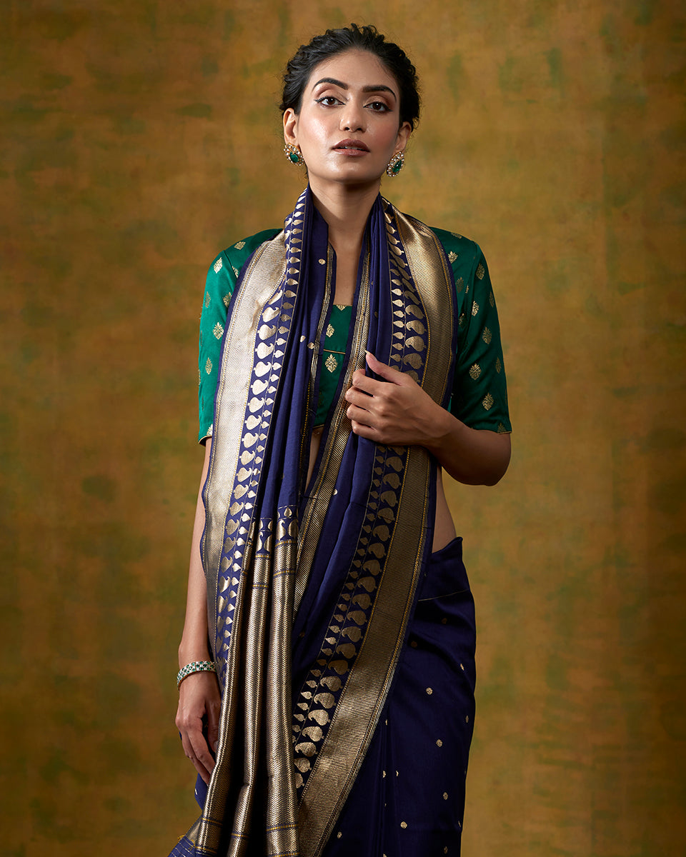 Ink Blue Banarasi Handloom Saree With Kadhwa Booti And Meenakari Konia