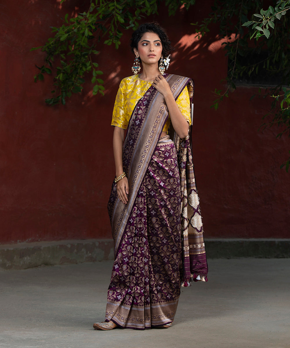 Wine Handloom Katan Silk Banarasi Saree With Sona Rupa Small Paisley Motif Jaal