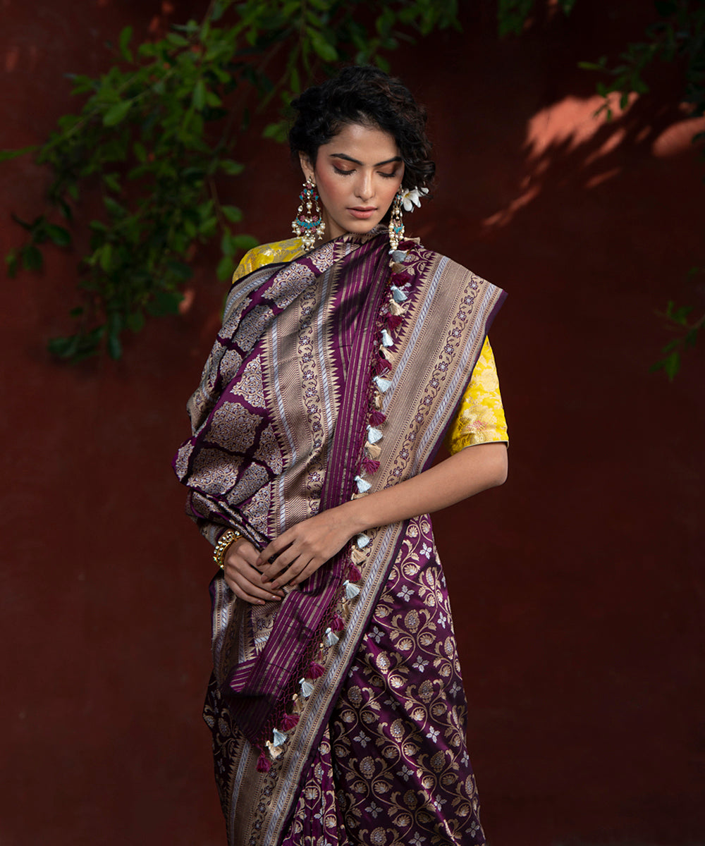 Wine Handloom Katan Silk  Banarasi Saree with Sona Rupa Small Paisley Motif Jaal