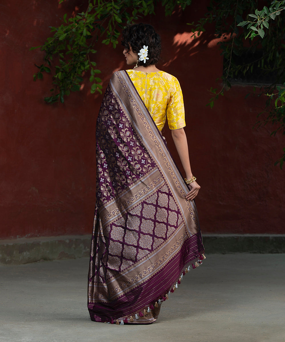 Wine Handloom Katan Silk Banarasi Saree With Sona Rupa Small Paisley Motif Jaal