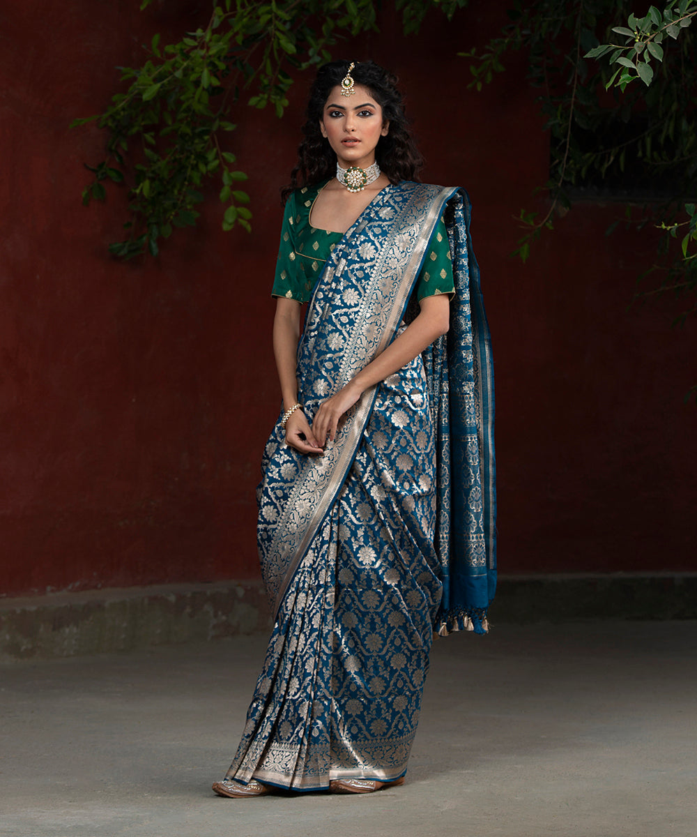 Blue Handloom Katan Silk Cutwork Banarasi Saree With Aada Jangla