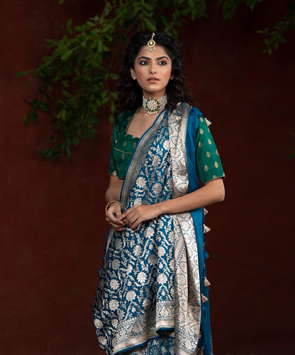 Blue Handloom Katan Silk Cutwork Banarasi Saree with Aada  Jangla