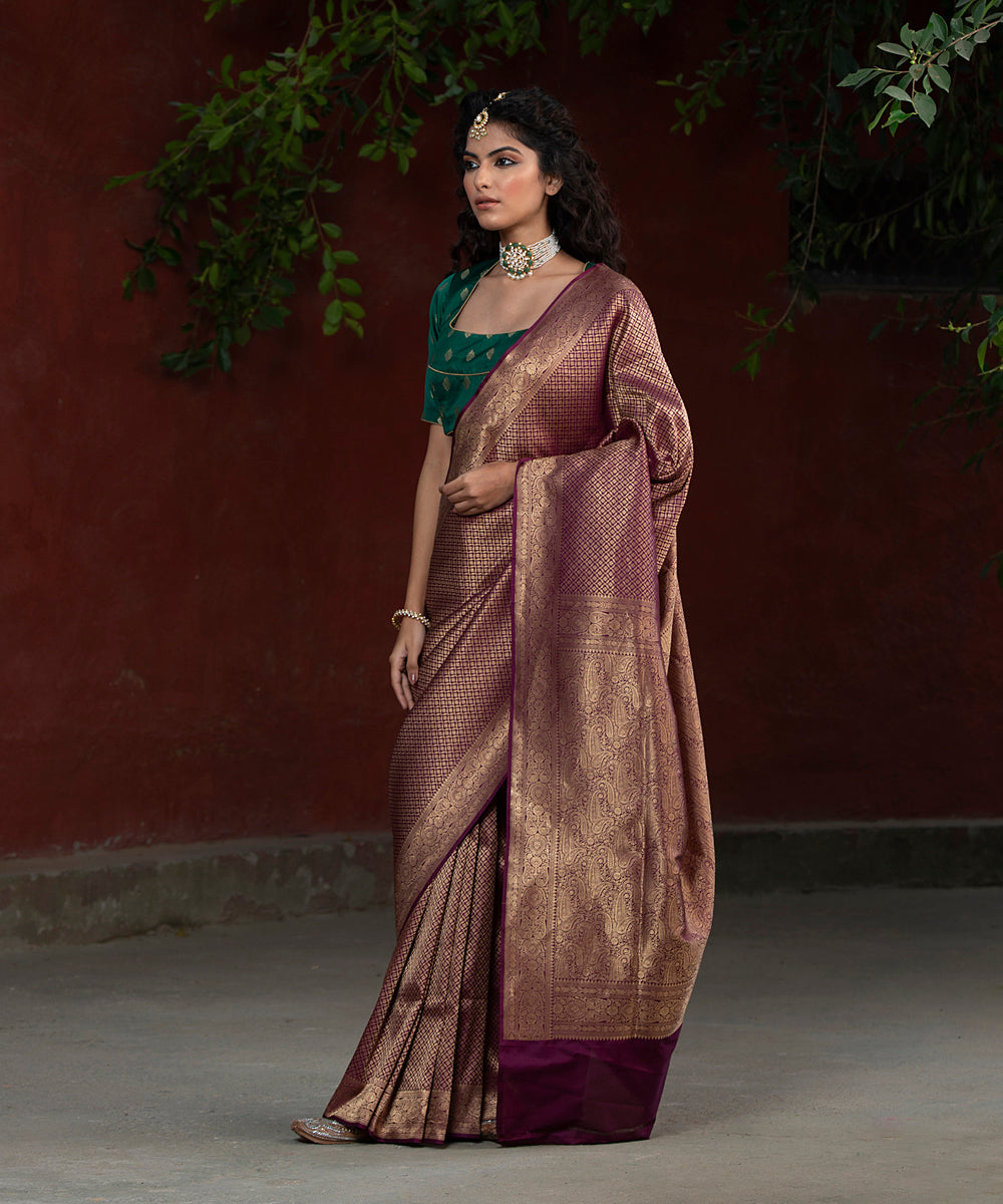 Handloom Wine Katan Silk Tanchoi Jaal Banarasi Saree With Zari Booti