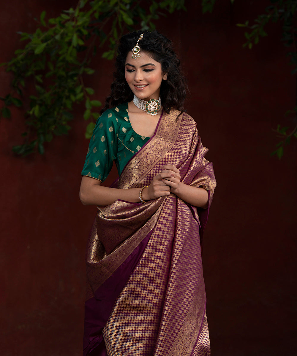 Handloom Wine Katan Silk Tanchoi Jaal Banarasi Saree With Zari Booti