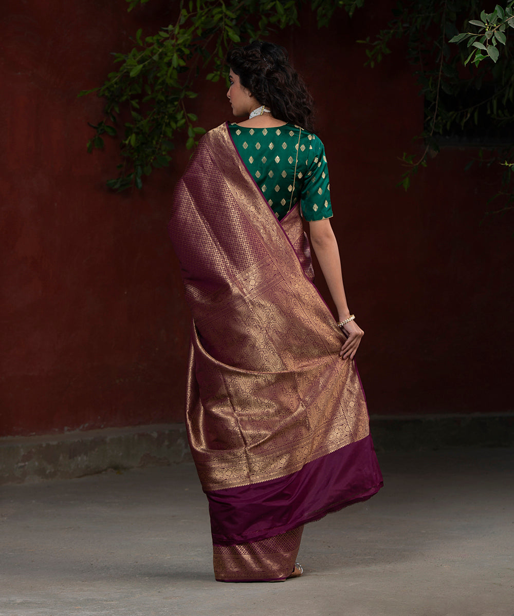 Handloom Wine Katan Silk Tanchoi Jaal Banarasi Saree With Zari Booti