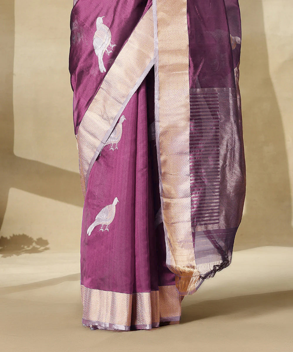 Mauve Handloom Pure Chanderi Silk Saree With Eknaliya Bird Motifs