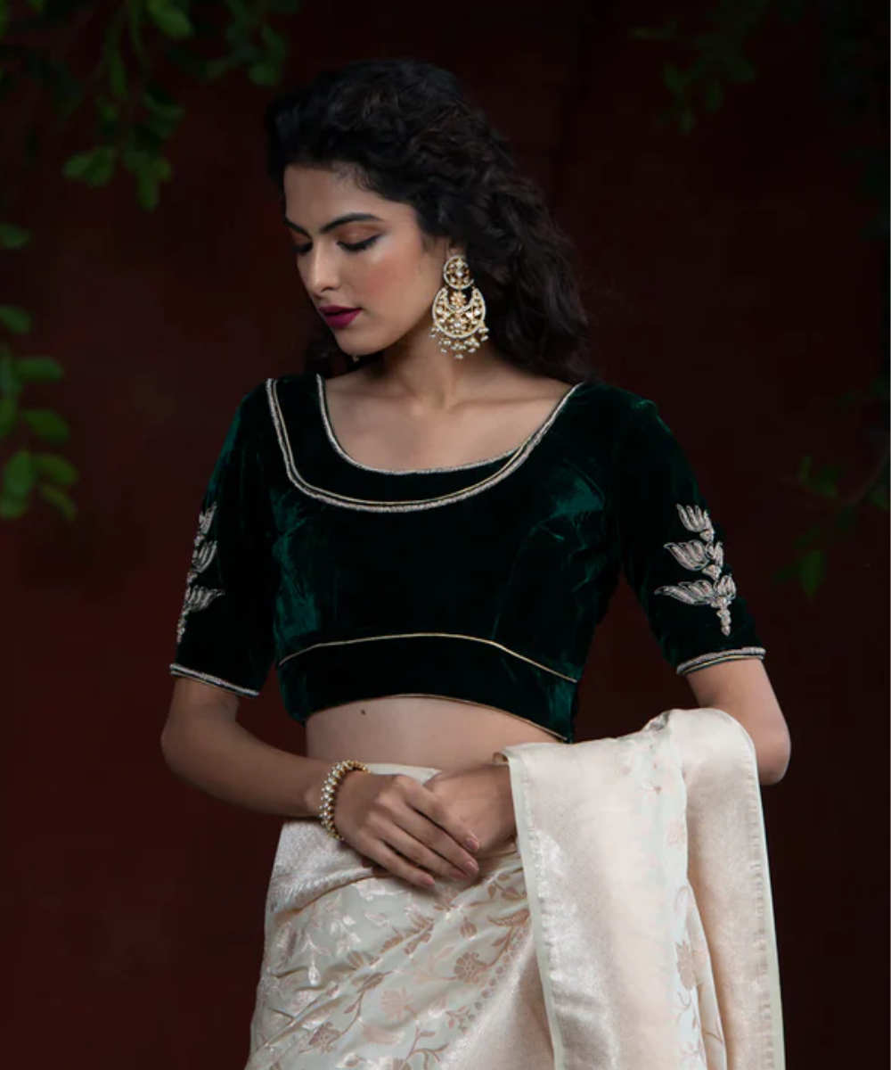 Green Velvet Blouse With Floral Hand Embroidered Bootas On Sleeves Blouses/ Crop Tops