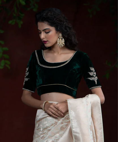 Green Velvet Blouse With Floral Hand Embroidered Bootas On Sleeves Blouses/ Crop Tops