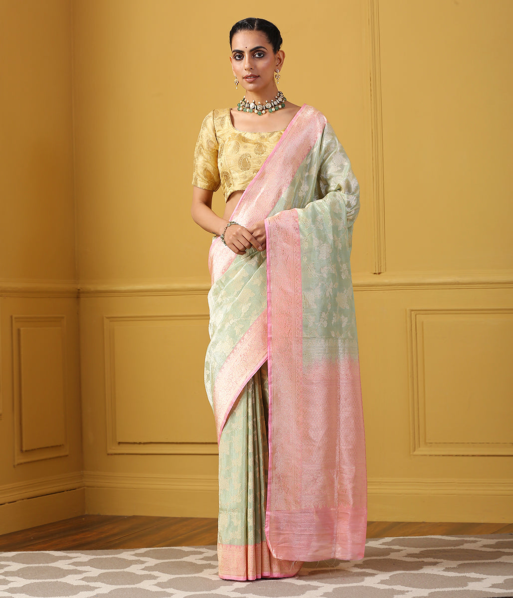 Handwoven_Light_Green_Tissue_Jangla_Saree_with_Pink_Kadhiyal_Border_WeaverStory_02