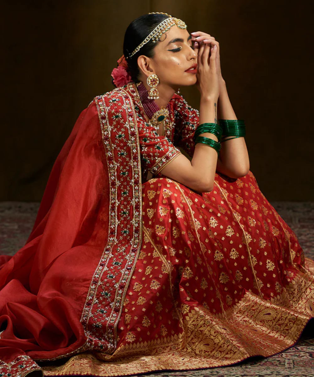 Deep Red Handloom Banarasi Lehenga With Meenakari Stitched