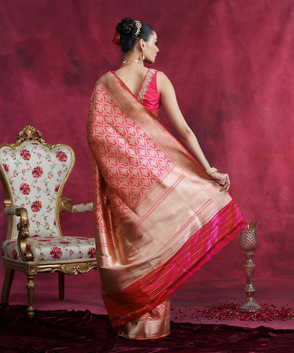 Pink Handloom Pure Katan Silk Kimkhab Banarasi Saree With Mehraab Jaal