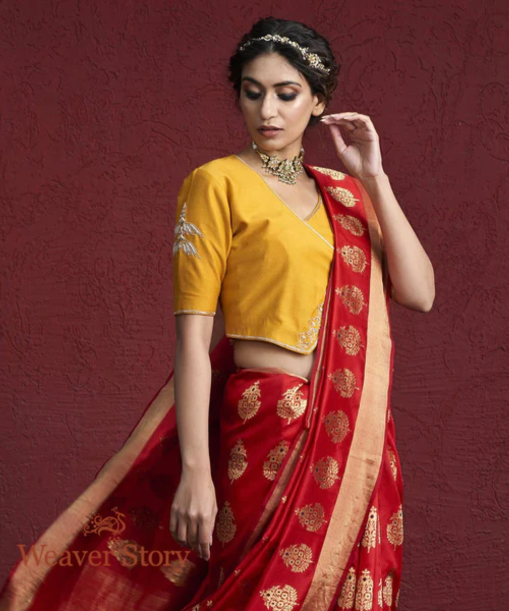 Handwoven Red Silk Chanderi Saree With Farheen Boota