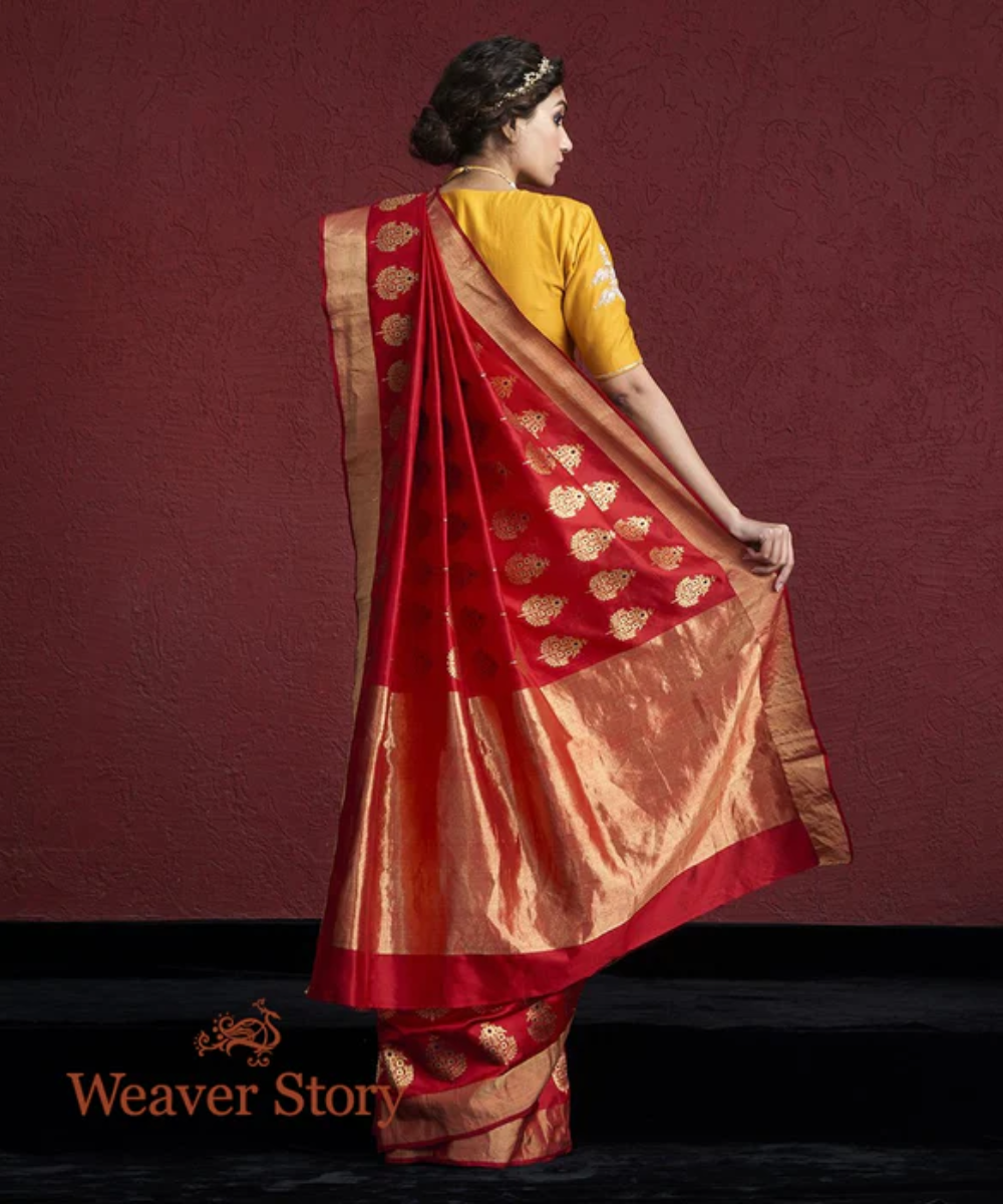 Handwoven Red Silk Chanderi Saree With Farheen Boota