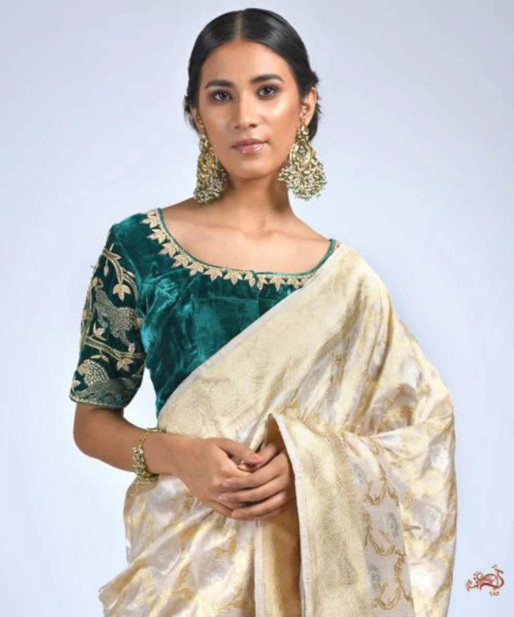 Green Velvet Blouse With Dabka Work Blouses/ Crop Tops