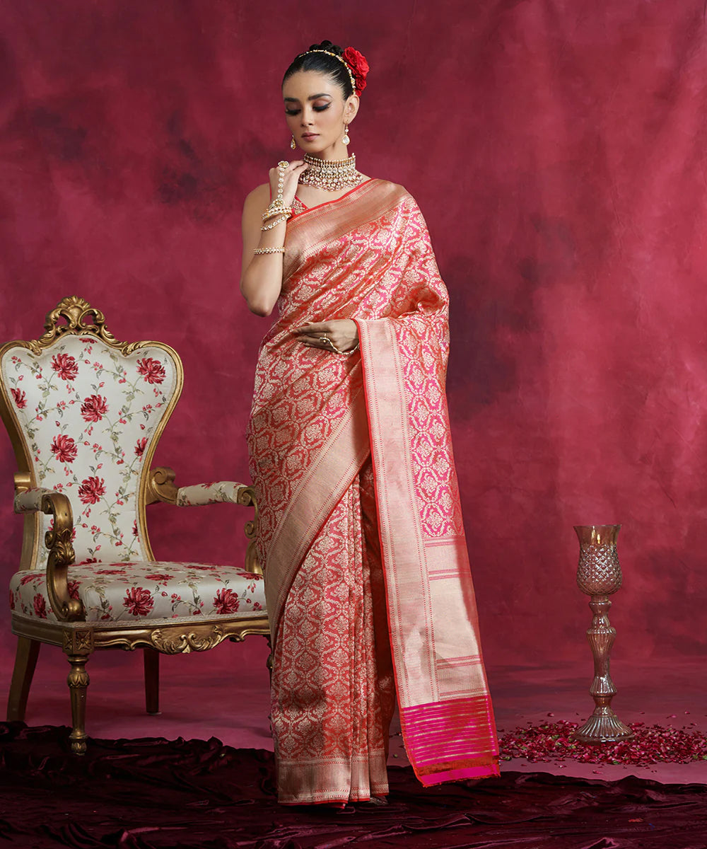 Pink Handloom Pure Katan Silk Kimkhab Banarasi Saree With Mehraab Jaal