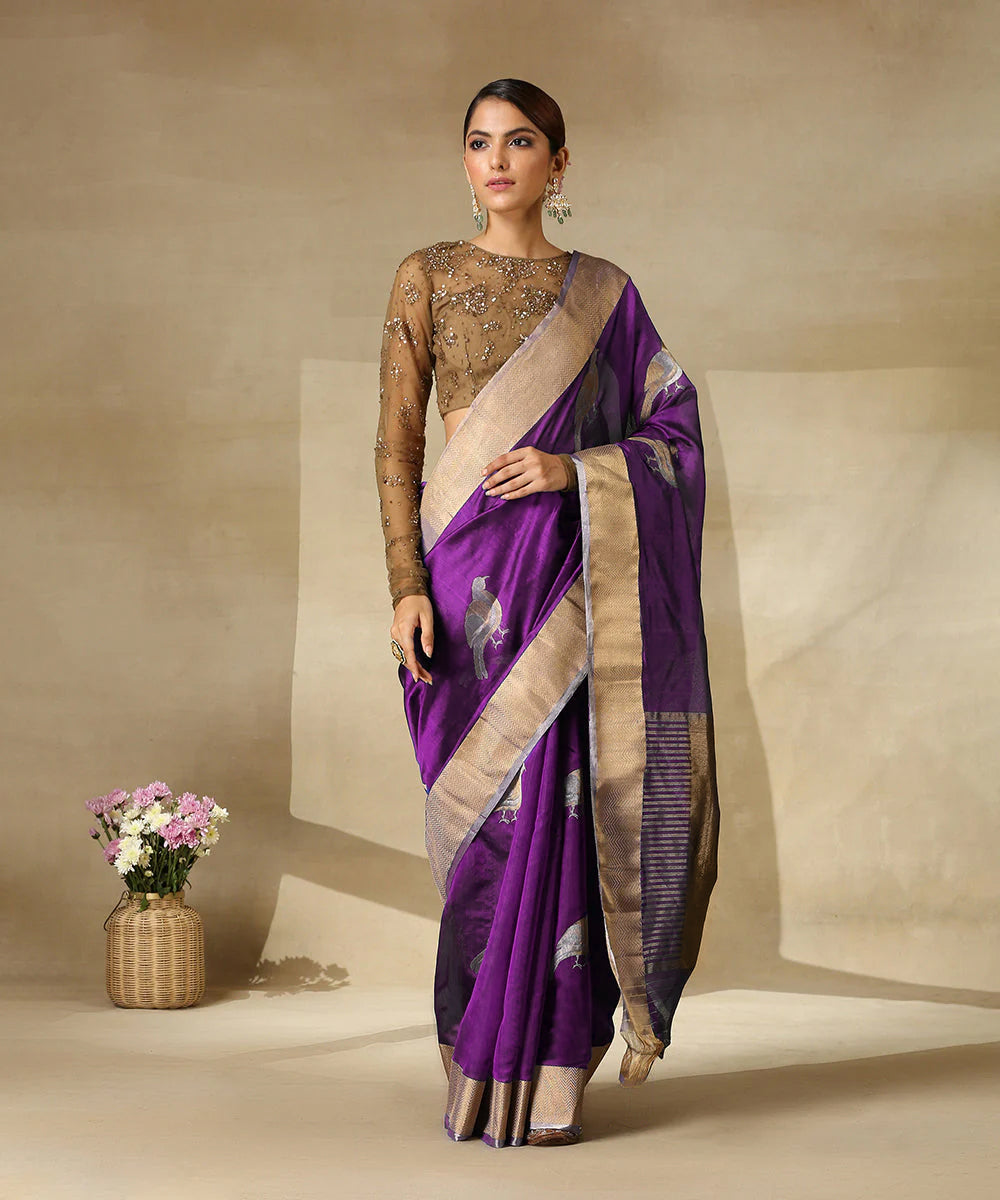 Purple Handloom Pure Chanderi Silk Saree With Eknaliya Bird Motifs