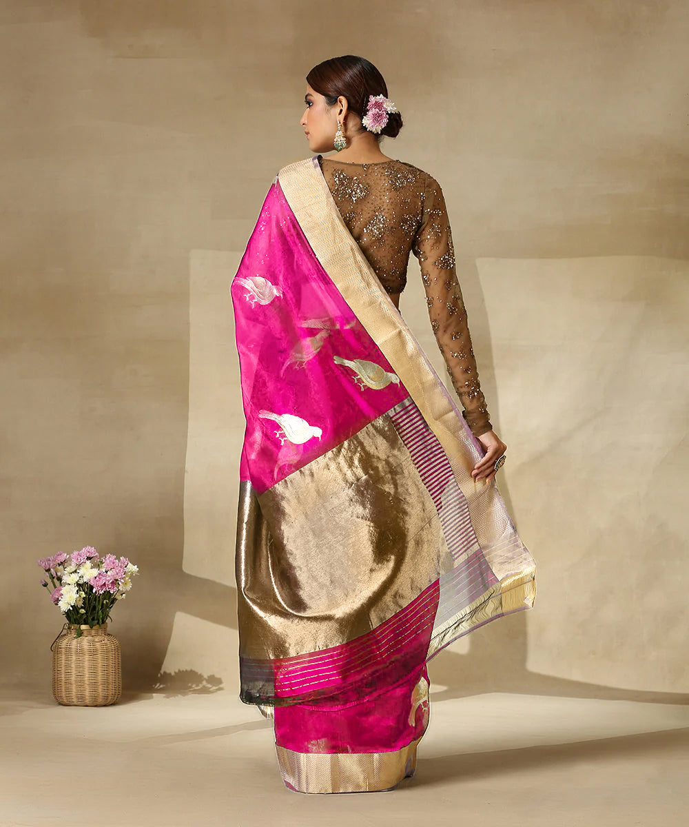 Neon Pink Handloom Pure Chanderi Silk Saree With Eknaliya Bird Motifs