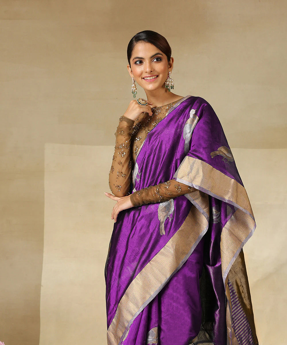 Purple Handloom Pure Chanderi Silk Saree With Eknaliya Bird Motifs