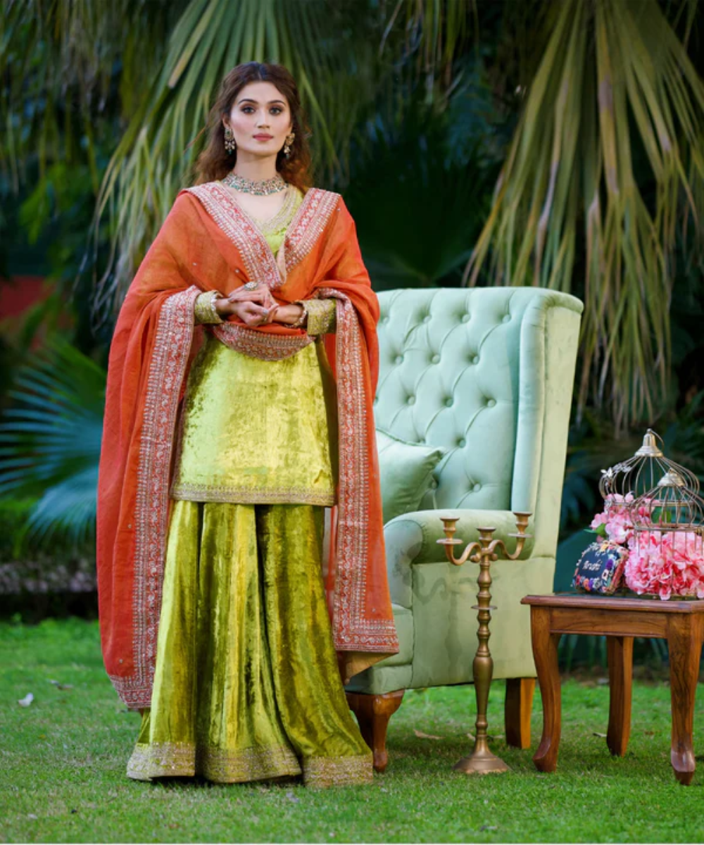 Arushi Nishank In Heena Green Velvet Sharara Set With Zardozi Work Ready To Wear Silk Ensembles