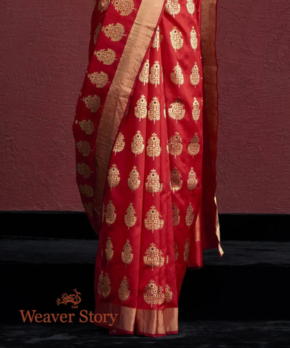 Handwoven Red Silk Chanderi Saree With Farheen Boota