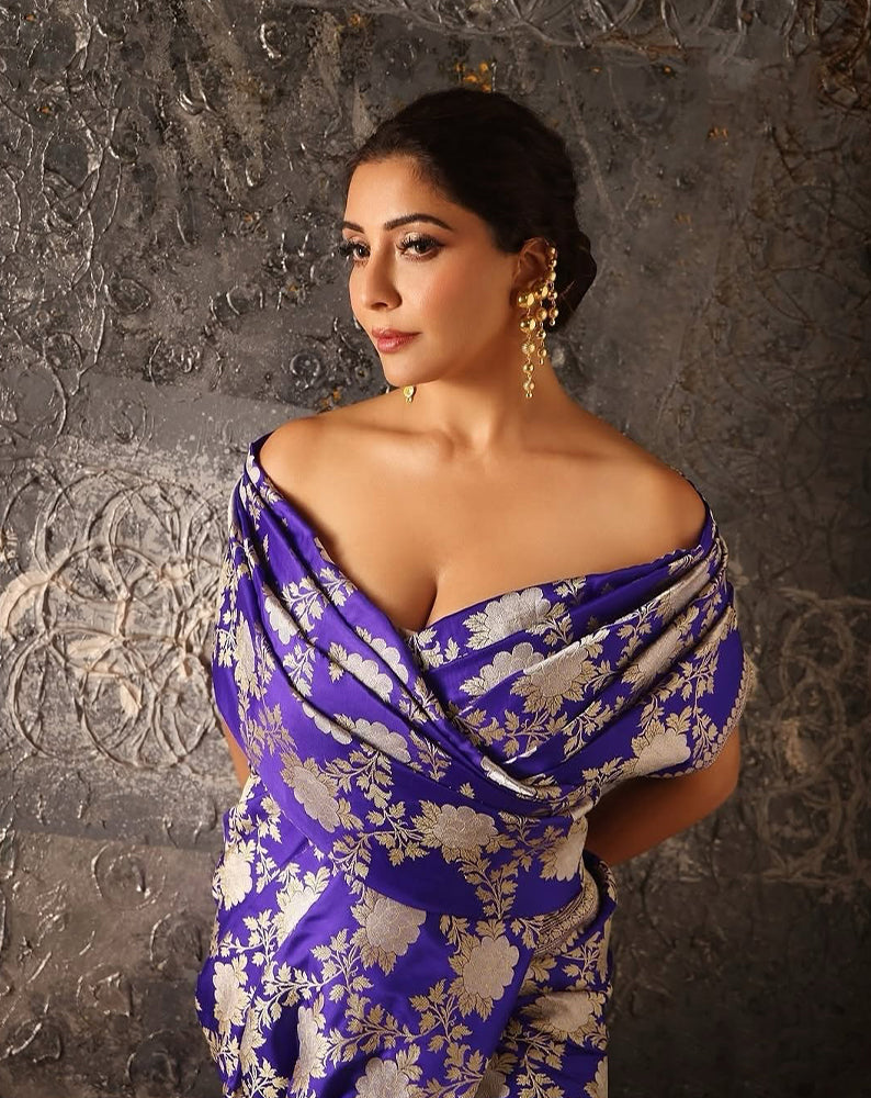 Jai Madaan In Handloom Electric Blue Ektara Pure Katan Silk Banarasi Saree With Kadhwa Angoor Jaal