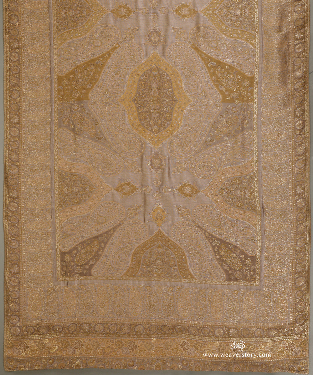 Olive and Beige Handwoven Pure Cashmere Wool Doshala With Mughal Border And Green Tissue Finishing