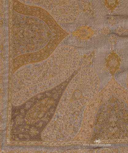 Olive and Beige Handwoven Pure Cashmere Wool Doshala With Mughal Border And Green Tissue Finishing