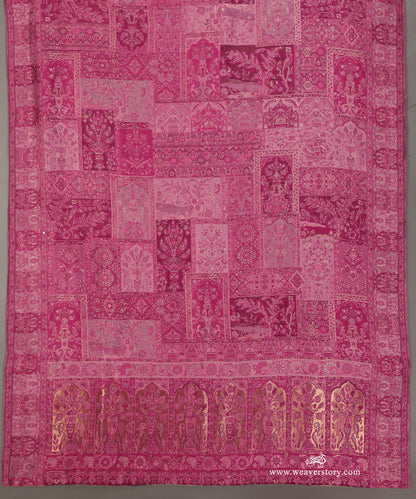 Pink Handwoven Jamawar Pure Cashmere Wool Doshala with Olive Green Tissue Finishing